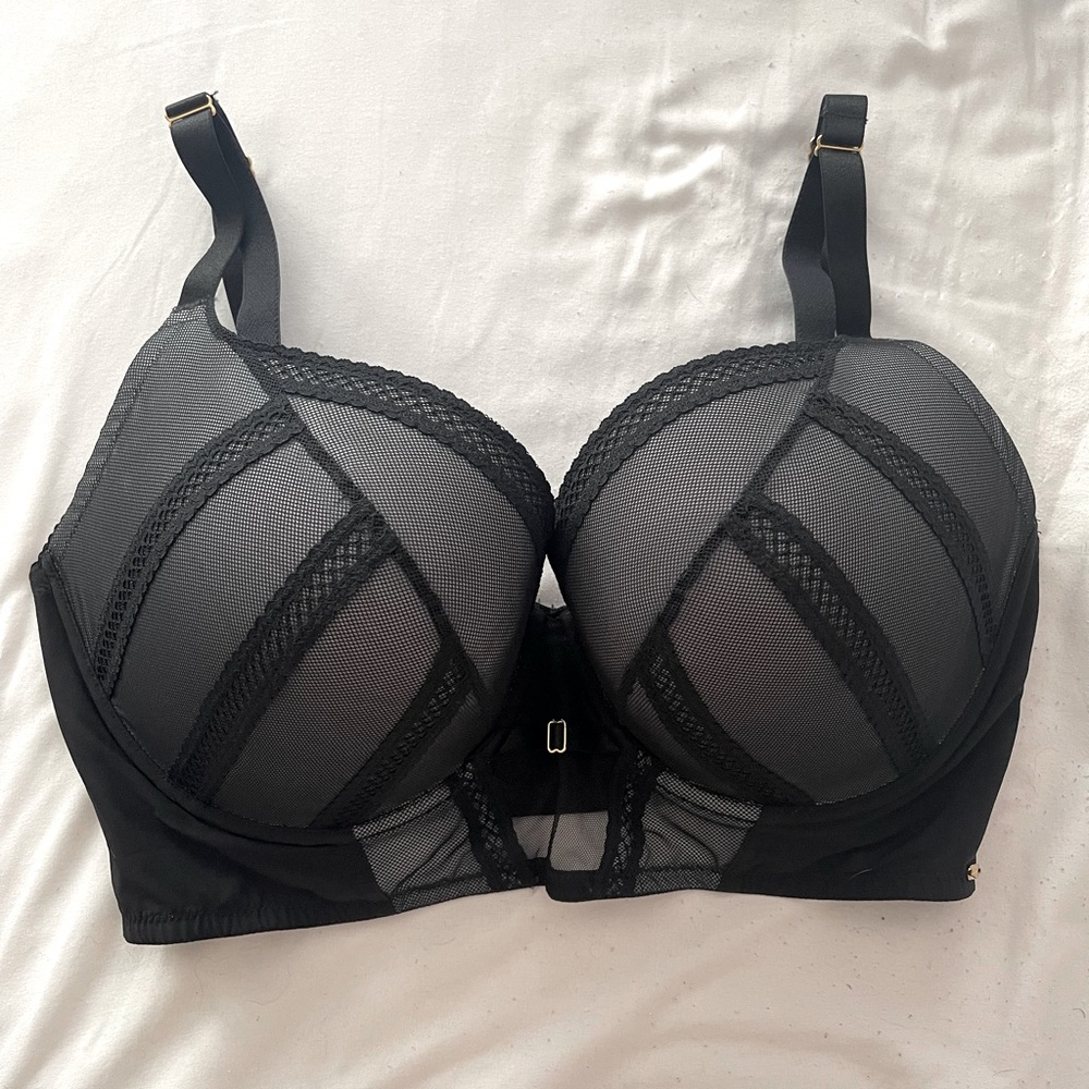 SHADOW MESH LONGLINE PLUNGE BRA - BLACK/GREY 34I USA